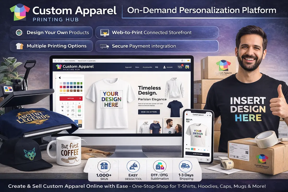 Custom apparel printing eCommerce website with real-time personalization and on-demand printing platform